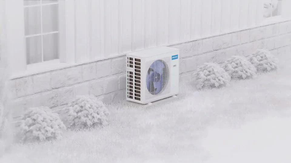 MRCOOL outdoor mini split condenser in winter conditions